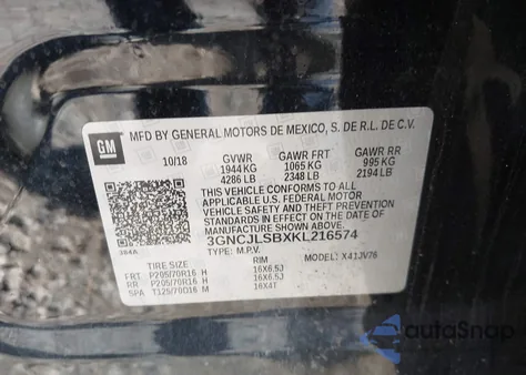 2019 Chevrolet Trax 1Lt from USA, damaged, VIN 3GNCJLSBXKL216574